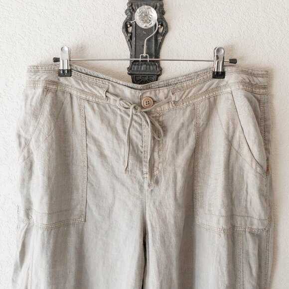 Blue Earth Pants Sz 12 Tan 100% Linen Cargo Utility Roll Tab Cropped Beachcomber - Picture 5 of 8
